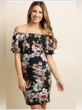 Pink Blush Black Floral Ruffle Trim Maternity Dress